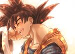  2boys black_hair closed_eyes dougi dragon_ball dragon_ball_(classic) dragon_ball_z grandfather_and_grandson grandpa_gohan happy male_focus mattari_illust multiple_boys sideways_mouth smile son_goku spiked_hair wide_sleeves 