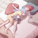  2girls absurdres animal_ear_fluff animal_ears bangs barefoot between_breasts blanket blue_hair blush breasts closed_eyes closed_mouth commentary drunk eyebrows_visible_through_hair face_between_breasts full-face_blush hair_between_eyes hair_down head_between_breasts head_on_pillow heterochromia highres hikimayu hololive houshou_marine hug long_hair long_sleeves looking_at_another multiple_girls on_bed open_mouth pajamas pillow rabbit_ears red_eyes red_hair sweat usada_pekora virtual_youtuber vitalizingwind yellow_eyes yuri 