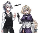  1boy 1girl armor artist_name blonde_hair braid braided_ponytail breasts commentary_request cowboy_shot eyebrows_visible_through_hair fate/apocrypha fate_(series) grey_hair hair_between_eyes haoro jeanne_d&#039;arc_(fate) jeanne_d&#039;arc_(fate)_(all) large_breasts long_hair long_sleeves looking_at_viewer open_mouth purple_eyes red_eyes sieg_(fate) simple_background smile tongue twitter_username v watermark white_background 