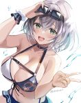  1girl :d bikini black-framed_eyewear blush breasts cleavage commentary_request eyebrows_visible_through_hair eyewear_on_head green_eyes hair_between_eyes highres hololive large_breasts looking_at_viewer mole mole_on_breast open_mouth rokcha shirogane_noel silver_hair simple_background smile solo sunglasses swimsuit teeth twitter_username upper_teeth v virtual_youtuber white_background 