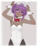  1girl arms_up bangs bare_shoulders black_legwear blush bow breasts bunny_pose collar dark-skinned_female dark_skin detached_collar diamond_(shape) eyebrows_visible_through_hair eyes_visible_through_hair fate/prototype fate/prototype:_fragments_of_blue_and_silver fate_(series) hair_over_eyes hairband hassan_of_serenity_(fate) i.u.y leotard pantyhose parted_lips purple_eyes purple_hair red_bow small_breasts smile solo strapless strapless_leotard white_collar white_hairband white_leotard wing_collar wrist_cuffs 