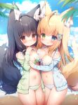  2girls :q absurdres ahoge animal_ear_fluff animal_ears antenna_hair arm_around_shoulder arm_around_waist bangs bikini black_hair blonde_hair blue_eyes blue_jacket blush borrowed_character breast_press breasts cameltoe closed_mouth commentary_request cowboy_shot day eyebrows_visible_through_hair fox_ears fox_girl frilled_bikini frills green_eyes green_jacket hair_between_eyes hair_ornament halter_top halterneck hand_on_another&#039;s_shoulder hand_up hands_up heterochromia highres jacket leaf long_hair long_sleeves looking_at_viewer medium_breasts momozu_komamochi multiple_girls navel off_shoulder open_clothes open_jacket original outdoors red_eyes signature standing stomach striped striped_bikini swimsuit symmetrical_docking tongue tongue_out wet x_hair_ornament 