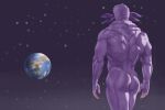  1boy ass back colored_skin completely_nude earth_(planet) facing_away from_behind fur_trim giant giant_male gradient gradient_background highres iskanderednaksi luntik luntik_and_his_frends male_focus muscular muscular_male nude planet purple_skin short_hair space toon_(style) 