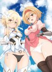  2girls absurdres black_legwear blonde_hair blue_sky blush breasts brown_eyes clothes_lift cloud commentary_request crossover day djeeta_(granblue_fantasy) dress dress_lift eyebrows_visible_through_hair fang flower gauntlets genshin_impact granblue_fantasy hair_between_eyes hair_flower hair_ornament hairband highres lifted_by_self long_hair lumine_(genshin_impact) medium_breasts momio multiple_girls open_mouth panties red_hairband short_hair sky thighhighs underwear white_dress 