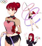  2girls alternate_costume alternate_hairstyle athletic_leotard bow cheering choker cosplay flower glasses gym_uniform gymnastics gymnastics_ribbon hair_bow hair_ribbon highres hoop japanese_flag jivke leotard miniskirt multiple_girls olympic_rings olympics open_mouth persona persona_5 persona_5_the_royal red_eyes red_hair rhythmic_gymnastics ribbon ribbon_baton rose shuujin_academy_uniform simple_background skirt smile sparkle sparkle_background toe_shoes yoshizawa_kasumi yoshizawa_kasumi&#039;s_sister 