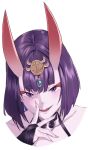  1girl bangs bare_shoulders bob_cut breasts bridal_gauntlets collarbone eyeliner fangs fate/grand_order fate_(series) headpiece highres horns incloud looking_at_viewer makeup oni oni_horns purple_eyes purple_hair short_hair shuten_douji_(fate) skin-covered_horns small_breasts smile solo 