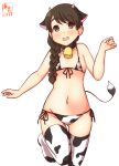  1girl alternate_costume animal_ears animal_print artist_logo bikini braid brown_eyes brown_hair commentary_request covered_nipples cow_ears cow_horns cow_print cow_tail cowboy_shot dated fake_animal_ears fake_horns flat_chest hair_over_shoulder highres horns kanon_(kurogane_knights) kantai_collection long_hair micro_bikini one-hour_drawing_challenge side-tie_bikini simple_background single_braid solo swimsuit tail thighhighs uranami_(kancolle) white_background white_bikini white_legwear 