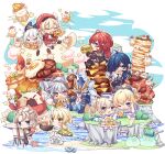  4boys 5girls :d absurdres ahoge albedo_(genshin_impact) automaton_(object) bangs barbara_(genshin_impact) barbara_(summertime_sparkle)_(genshin_impact) black_hair blonde_hair blue_eyes brown_hair burger cabbie_hat chibi chicken-mushroom_skewer_(genshin_impact) chicken_(food) clover_print commentary_request detached_sleeves diluc_(genshin_impact) drill_hair eating eyebrows_visible_through_hair eyepatch fisherman&#039;s_toast_(genshin_impact) fishy_toast_(genshin_impact) flower food fork fried_egg full_body genshin_impact hair_between_eyes hair_flower hair_ornament hat hat_feather hat_ornament highres holding holding_food iran_stn jean_(genshin_impact) jean_(sea_breeze_dandelion)_(genshin_impact) jumpy_dumpty kaeya_(genshin_impact) klee_(genshin_impact) light_brown_hair lighter-than-air_pancake_(genshin_impact) long_hair long_sleeves looking_at_viewer low_ponytail low_twintails lumine_(genshin_impact) maguu_kenki_(genshin_impact) mechanical_halo multiple_boys multiple_girls open_mouth outrider&#039;s_champion_steak!_(genshin_impact) paimon_(genshin_impact) pancake pizza ponytail razor_(genshin_impact) red_eyes red_hair revision short_hair short_hair_with_long_locks sidelocks sitting skewer smile steak sticky_honey_roast_(genshin_impact) sunny_side_up_egg sweet_madame_(genshin_impact) toast twin_drills twintails yellow_eyes 