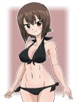  1girl ass_visible_through_thighs bangs bikini black_bikini breasts brown_eyes brown_hair closed_mouth commentary cowboy_shot eyebrows_visible_through_hair front-tie_bikini front-tie_top girls_und_panzer groin halterneck looking_at_viewer medium_breasts navel nishizumi_maho outline short_hair side-tie_bikini smile solo standing stomach swimsuit takahashi_kurage thigh_gap white_outline 