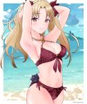  1girl alternate_costume armpits arms_up bangs beach bikini black_flower black_rose blonde_hair blue_sky blush breasts cleavage closed_mouth cloud collarbone commentary day english_commentary ereshkigal_(fate) eyebrows_visible_through_hair fate/grand_order fate_(series) flower hair_ribbon hand_in_hair highres long_hair looking_at_viewer mangotaingo medium_breasts navel nervous ocean outdoors parted_bangs red_bikini red_eyes red_ribbon red_swimsuit ribbon rose sand skull sky solo swimsuit twitter_username two_side_up water wet wet_hair 