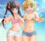  2girls akatsuki_kirika bangs bikini black_hair blonde_hair blunt_bangs breasts green_bikini green_eyes hair_ornament lens_flare looking_at_viewer medium_breasts multiple_girls navel ocean pink_bikini pink_eyes ryou.r senki_zesshou_symphogear shiny shiny_hair shiny_skin short_shorts shorts small_breasts smile swimsuit tsukuyomi_shirabe twintails underboob v water wet x_hair_ornament 