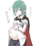  1girl alternate_hairstyle antennae asutora big_belly black_cape cape green_eyes green_hair hair_between_eyes jewelry looking_at_viewer navel open_mouth pregnant ring shirt short_hair simple_background smile solo touhou translation_request wedding_band white_background white_shirt wriggle_nightbug 