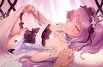  1girl armlet backlighting bangs bare_shoulders bed_sheet blush bracelet breasts collarbone commentary_request curtains dress euryale_(fate) fate/hollow_ataraxia fate_(series) frilled_hairband frills hairband highres holding_hands jewelry long_hair looking_at_viewer lying m-da_s-tarou neck_ring necklace on_bed on_side open_mouth parted_bangs purple_eyes purple_hair ring sidelocks small_breasts smile thigh_gap thighlet twintails very_long_hair white_dress 