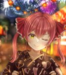  1girl ;) absurdres anchor_print black_kimono blurry blurry_background closed_mouth depth_of_field fireworks food_stand hair_ribbon highres hololive houshou_marine japanese_clothes kimono looking_at_viewer medium_hair nori_55512 one_eye_closed print_kimono red_hair red_ribbon ribbon smile solo summer_festival twintails v-shaped_eyebrows virtual_youtuber yellow_eyes yukata 
