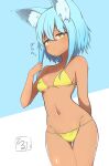  1girl absurdres animal_ear_fluff animal_ears ass_visible_through_thighs bangs bikini blue_background blue_hair blush breasts brown_eyes closed_mouth eyebrows_visible_through_hair groin hair_between_eyes hand_up highres idaten93 long_hair looking_at_viewer navel original small_breasts solo stomach swimsuit tan terufu-chan thigh_gap two-tone_background white_background yellow_bikini 