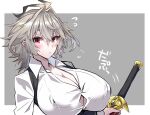  1girl blush border breasts commentary_request covered_nipples eyebrows_visible_through_hair fate/apocrypha fate_(series) flying_sweatdrops genderswap genderswap_(mtf) grey_background grey_hair hair_between_eyes haoro holding holding_sword holding_weapon large_breasts looking_at_viewer red_eyes sheath sheathed short_hair sieg_(fate) simple_background solo sword upper_body weapon white_border 
