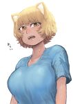  1girl absurdres bangs blonde_hair blue_shirt blush breasts chanta_(ayatakaoisii) highres large_breasts open_mouth shadow shirt short_hair short_sleeves slit_pupils solo sweat touhou upper_body yakumo_ran yellow_eyes 