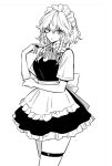  1girl akiyama_enma apron bangs black_dress bow braid breasts commentary_request dress eyebrows_visible_through_hair frills grey_bow greyscale hair_between_eyes hair_bow hands_up highres izayoi_sakuya knife looking_to_the_side maid maid_headdress medium_breasts monochrome open_mouth shirt short_hair short_sleeves simple_background solo standing touhou twin_braids white_apron white_background white_bow white_eyes white_hair white_shirt 