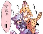  2girls animal_ears blonde_hair breasts commentary_request common_raccoon_(kemono_friends) elbow_gloves gloves kemono_friends multicolored_hair multiple_girls open_mouth pantyhose raccoon_ears raccoon_tail serval_(kemono_friends) serval_print short_hair simple_background skirt sleeveless smile tail thighhighs translation_request tukiwani white_background 