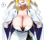  1girl belt blonde_hair blush breasts charles_(gu599) cloak collarbone dress facing_viewer head_out_of_frame head_wings heart heavy_breathing jewelry large_breasts leaning_forward necklace nose_blush saliva seven_knights simple_background solo spoken_heart sweat white_background white_cloak white_dress 