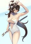  1girl arm_up armpits azur_lane bangs bare_shoulders black_hair blunt_bangs bow brown_eyes collarbone commentary_request eyebrows_visible_through_hair eyes_visible_through_hair flower hair_between_eyes hair_bow hair_flower hair_ornament hair_ribbon highres holding holding_sword holding_weapon katana long_hair looking_at_viewer manjirou_(manji_illust) md5_mismatch official_alternate_costume ponytail ribbon sidelocks simple_background smile solo swimsuit sword takao_(azur_lane) takao_(beach_rhapsody)_(azur_lane) two-tone_background weapon white_swimsuit 