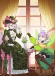  2girls antenna_hair bangs bare_shoulders black_shorts blush boots bow breasts brown_footwear brown_gloves chair cleavage closed_eyes coffeekite cup curtains detached_collar dress earrings fairy fairy_wings fate/extra fate/extra_ccc fate/extra_ccc_fox_tail fate/grand_order fate_(series) flower fox_tail glasses gloves green_dress green_headwear hair_ribbon hat highres jewelry kazuradrop_(fate) koyanskaya_(fate) large_breasts long_hair long_sleeves multiple_girls open_mouth pink_bow pink_hair purple_hair ribbon short_hair shorts sitting small_breasts smile table tail tamamo_(fate) teacup thigh_boots thighhighs vase window wings yellow_ribbon 