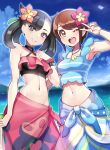  2girls ;d armpits asymmetrical_bangs bangs beach black_hair blue_sky bracelet breasts brown_eyes brown_hair choker closed_mouth commentary_request dusk_ball flower gloria_(pokemon) green_eyes hair_flower hair_ornament hibiscus highres holding holding_poke_ball jewelry looking_at_viewer marnie_(pokemon) multiple_girls navel necklace ocean official_alternate_costume one_eye_closed open_mouth poke_ball pokemon pokemon_(game) pokemon_masters_ex sarong sky smile v water yasu_suupatenin yuri 
