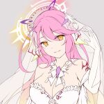  1girl angel breasts bridal_veil bride cleavage commentary_request dress elbow_gloves gloves gradient_hair halo ikasoke_(likerm6au) jibril_(no_game_no_life) large_breasts long_hair looking_at_viewer magic_circle multicolored_hair no_game_no_life parted_lips pink_hair smile solo tattoo veil very_long_hair wedding_dress white_dress white_gloves wing_ears yellow_eyes 
