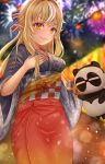  1girl absurdres adapted_costume blonde_hair blurry blurry_background dark-skinned_female dark_skin depth_of_field elf eyebrows_visible_through_hair fireworks food_stand hand_on_own_chest highres hololive kintsuba_(shiranui_flare) long_hair looking_at_viewer multicolored_hair nori_55512 obi orange_eyes pointy_ears purple_eyes sash shiranui_flare shirt solo streaked_hair summer_festival v-shaped_eyebrows virtual_youtuber white_shirt 