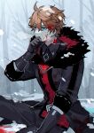  1boy bare_tree black_gloves black_jacket black_pants blood blood_in_hair blood_on_face blood_on_snow blue_eyes breath brown_hair covering_mouth earrings fur-trimmed_hood fur_trim genshin_impact gloves hand_over_own_mouth highres hood hood_down jacket jewelry looking_to_the_side male_focus outdoors pants single_earring sitting snow solo ssm_(ssm82048039) tartaglia_(genshin_impact) tree winter 