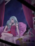  2girls apple aqua_eyes aqua_hair aqua_nails arm_at_side arm_support backlighting bare_arms bare_legs bed_sheet box breasts building camisole chain city cityscape collarbone commentary crescent_moon curtains dual_persona facing_away fingernails flower food fruit furrowed_brow gift gift_box glint hatsune_miku high_heels highres holding holding_food holding_fruit indoors lace lace-trimmed_camisole lace_trim leaf leaning_on_person light_particles long_hair looking_afar macaron mallow_(di_fushang) messy_hair moon moonlight multiple_girls night night_sky open_window parted_lips pastry petals pillow pink_camisole pink_flower pink_rose plant polka_dot polka_dot_camisole red_flower red_footwear red_rose rose rose_petals sad shoes shoes_removed side-by-side silhouette sitting sky sleepwear small_breasts star_(sky) starry_sky strap_slip tiered_tray tower vines vocaloid wall watashi_to_juliet_(vocaloid) window 