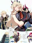  ! !! 1boy 3girls 7dango7 artoria_pendragon_(caster)_(fate) artoria_pendragon_(fate) black_gloves blonde_hair blush book breasts cape check_commentary closed_eyes commentary_request fairy_knight_gawain_(fate) fairy_knight_tristan_(fate) falling fate/grand_order fate_(series) fur-trimmed_cape fur_trim gawain_(fate) gloves happy hat heterochromia highres large_breasts long_hair multiple_girls pink_hair sparkle translated 