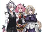  1girl 2boys armor astolfo_(fate) blonde_hair braid braided_ponytail breasts commentary_request cowboy_shot eyebrows_visible_through_hair fang fate/apocrypha fate_(series) grey_hair hair_between_eyes haoro jeanne_d&#039;arc_(fate) jeanne_d&#039;arc_(fate)_(all) large_breasts long_hair long_sleeves looking_at_viewer multiple_boys one_eye_closed open_mouth otoko_no_ko pink_hair purple_eyes red_eyes sieg_(fate) simple_background skin_fang smile tongue v white_background 