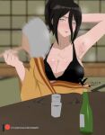  1girl absurdres agung911 armpits artist_name bare_shoulders black_bra black_hair blush boruto:_naruto_next_generations bottle bra breasts brown_kimono cleavage collarbone cup hair_between_eyes hair_up hand_fan highres holding holding_fan hyuuga_hanabi japanese_clothes kimono large_breasts light_purple_eyes naruto_(series) no_pupils off-shoulder_kimono patreon_logo patreon_username pov_across_table solo sweat table underwear 