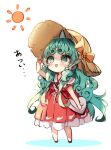  1girl aqua_hair bag bow brown_bow brown_footwear brown_headwear chibi colored_shadow commentary dress eyebrows_visible_through_hair green_eyes hand_on_headwear hat hat_bow heart-shaped_bag highres horns komano_aunn long_hair piyokichi red_dress shadow shoes short_eyebrows short_sleeves shoulder_bag single_horn solo sun_symbol thick_eyebrows touhou translated very_long_hair white_background 