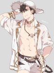  1boy alternate_costume bracelet brown_hair closed_mouth ear_piercing granblue_fantasy green_eyes hat jacket jewelry lobelia_(granblue_fantasy) male_focus mame_lde navel necklace open_clothes open_jacket pectorals piercing short_hair shorts simple_background smile solo straw_hat toned toned_male upper_body white_jacket white_shorts 