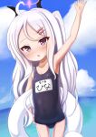  1girl arm_up bangs black_swimsuit blue_archive blue_sky blush cloud cloudy_sky collarbone commentary_request covered_navel day eyebrows_visible_through_hair hair_between_eyes hair_ornament hairclip halo highres hina_(blue_archive) horizon horns innertube long_hair name_tag neko_miyabi_(artist) ocean old_school_swimsuit one-piece_swimsuit one_side_up outdoors parted_bangs parted_lips partial_commentary purple_eyes school_swimsuit sky solo swimsuit very_long_hair water white_hair 