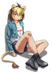  1girl absurdres animal_ears barbary_lion_(kemono_friends) black_footwear blonde_hair blue_jacket boots brown_hair commentary denim denim_shorts eyebrows_visible_through_hair fishnet_legwear fishnets highres jacket kemono_friends kemono_friends_3 lion_ears lion_girl lion_tail long_sleeves looking_at_viewer multicolored_hair official_alternate_costume shirt short_hair short_shorts shorts sitting solo t-shirt tail tanabe_(fueisei) two-tone_hair white_shirt yellow_eyes 
