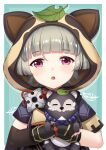  1girl :o animal_ears animal_hood animal_hug asymmetrical_gloves bangs black_gloves commentary_request elbow_gloves eyebrows_visible_through_hair fake_animal_ears fingerless_gloves genshin_impact gloves grey_hair highres hood leaf leaf_on_head looking_at_viewer parted_lips purple_eyes raccoon raccoon_ears raccoon_hood sayu_(genshin_impact) solo upper_body yukinoshita_(shaonjishi) 