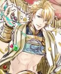  1boy abs aladdin_(sinoalice) arabian_clothes armor bad_id bad_pixiv_id bare_pectorals blonde_hair blue_eyes breastplate bridal_gauntlets cape coin eyebrows_visible_through_hair gem gold gold_trim happy jewelry kasai_iori looking_at_viewer male_focus open_mouth parted_lips pectorals short_hair sinoalice sketch solo 