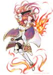  1girl arm_guards armor arms_up artist_name bangs breasts cape celica_(fire_emblem) dress fire fire_emblem fire_emblem_echoes:_shadows_of_valentia fire_emblem_gaiden gold_trim highres holding holding_weapon leg_armor paiiart red_eyes red_hair sword thighhighs weapon white_background white_dress zettai_ryouiki 