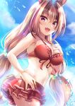  1girl :d animal_ears bikini blue_sky breasts cloud daiwa_scarlet_(umamusume) day eyebrows_visible_through_hair fang frilled_bikini frills hair_bobbles hair_ornament horse_ears horse_girl horse_tail izumi_akane long_hair looking_at_viewer medium_breasts navel official_alternate_costume open_mouth red_bikini red_eyes red_hair skin_fang sky smile solo swimsuit tail twintails umamusume very_long_hair 