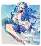  1girl barefoot bikini blue_flower blue_hair blue_nails blue_rose breasts brynhildr_(fate) brynhildr_(swimsuit_berserker)_(fate) collarbone eyebrows_visible_through_hair eyes_visible_through_hair fate/grand_order fate_(series) flower glasses highres looking_at_viewer medium_breasts multicolored_hair nail_polish neck_garter open_mouth purple_eyes purple_scrunchie rose scrunchie semi-rimless_eyewear side_ponytail sitting solo swimsuit two-tone_hair westxost_(68monkey) white_bikini wrist_cuffs 