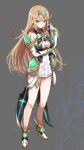  1girl absurdres arm_under_breasts bangs blonde_hair breast_rest breasts chest_jewel circlet cleavage cleavage_cutout clothing_cutout detached_sleeves dress elbow_gloves gloves hair_ornament halter_dress halter_top halterneck hand_up highres long_hair looking_at_viewer mawile829 mythra_(xenoblade) solo thigh_strap very_long_hair wedge_heels white_dress xenoblade_chronicles xenoblade_chronicles_(series) xenoblade_chronicles_2 yellow_eyes 