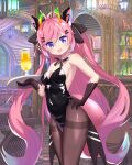  1girl absurdres animal_ears black_legwear blue_eyes blush cat_ears cup drink drinking_glass hair_ornament hairclip highres holding holding_tray huge_filesize indie_virtual_youtuber indoors kittysuit leotard long_hair looking_at_viewer open_mouth standing teletha_(vtuber) tray virtual_youtuber 