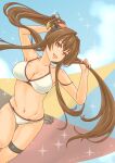  1girl :d absurdres adjusting_hair anchor armpits bangs bare_shoulders bikini breasts brown_eyes brown_hair cleavage collarbone commentary_request eyebrows_visible_through_hair groin hair_between_eyes headgear highres kantai_collection long_hair looking_at_viewer midriff navel open_mouth ponytail pot-de sidelocks smile solo spaghetti_strap stomach swimsuit white_bikini yamato_(kancolle) 