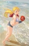  1girl artist_name barefoot baseball_cap beach blonde_hair blue_eyes bomber_jacket breasts closed_mouth commentary corel_painter fatal_fury floating_hair full_body genderswap genderswap_(mtf) gloves hat hat_removed headwear_removed holding holding_clothes holding_hat holding_jacket jacket jacket_removed large_breasts long_hair looking_at_viewer md5_mismatch ocean outdoors pants patreon_username red_headwear red_jacket shadow snk_heroines:_tag_team_frenzy solo standing terry_bogard the_king_of_fighters twitter_username watermark waves web_address yugen99 