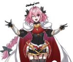  1boy armor artist_name astolfo_(fate) braid braided_ponytail commentary_request cowboy_shot eyebrows_visible_through_hair fang fate/apocrypha fate_(series) hair_between_eyes haoro long_hair looking_at_viewer male_focus one_eye_closed open_mouth otoko_no_ko pink_hair purple_eyes simple_background skin_fang smile tongue twitter_username v watermark white_background 
