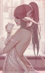  1girl au_ra bangs bare_shoulders blanket blue_eyes blurry blurry_background breasts brown_hair cable_knit cup dragon_horns dragon_tail final_fantasy final_fantasy_xiv holding holding_cup horns lips long_hair medium_breasts nude ponytail profile scales solo soranamae tail 