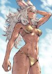  1girl animal_ears arm_up bare_shoulders bikini blue_sky breasts cloud cloudy_sky dark_skin day final_fantasy final_fantasy_xiv grey_eyes halterneck highres lips long_hair looking_at_viewer makimura_shunsuke medium_breasts multi-strapped_bikini navel o-ring o-ring_bikini outdoors parted_lips rabbit_ears scar scar_on_arm scar_on_face scar_on_leg scar_on_stomach simple_background sky solo stomach swimsuit thighs viera white_hair 